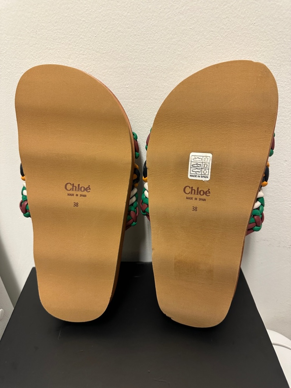 Chloé Wavy Flatform Crochet Leather Tan Slides with Multicolor Braided Straps - Picture 4 of 15